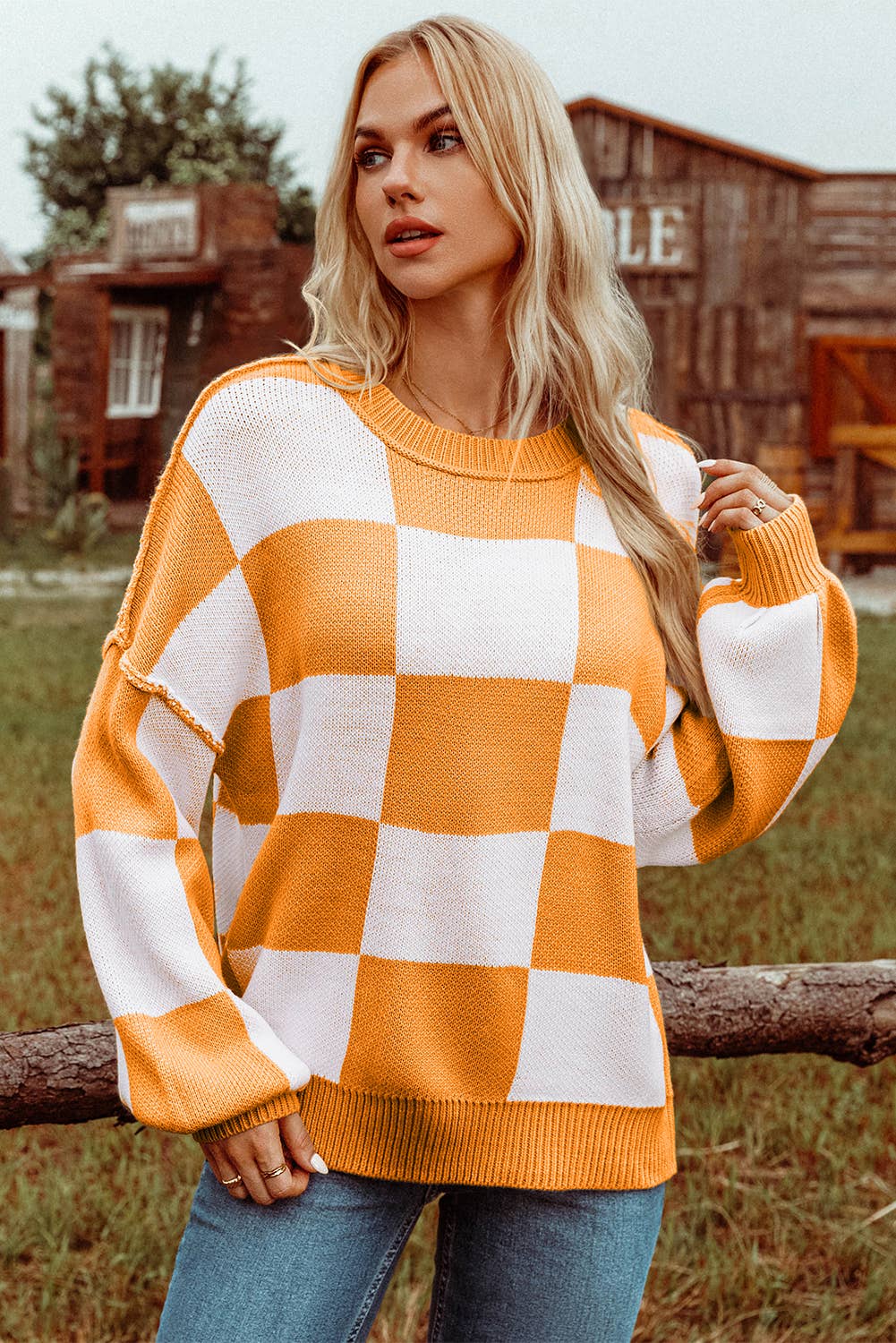 Checkered Bishop Sleeve Sweater