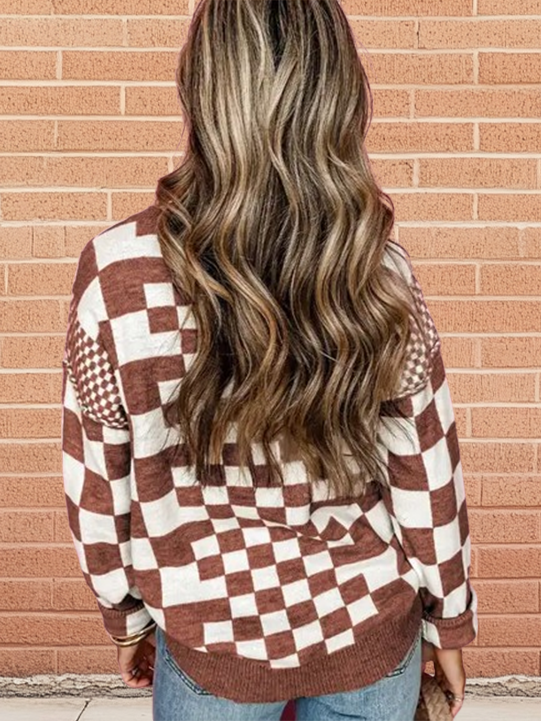 Drop Shoulder Sweater with Checkered Print