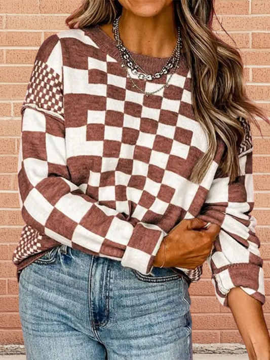 Drop Shoulder Sweater with Checkered Print
