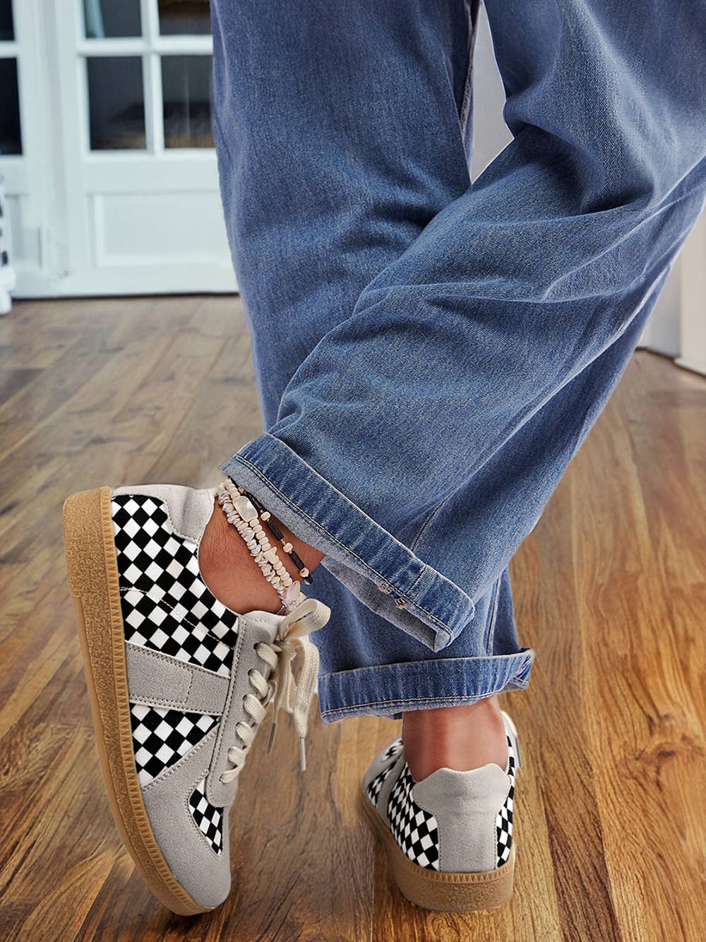 Checkerboard Patchwork Lace-up Flat Leatherette Shoes