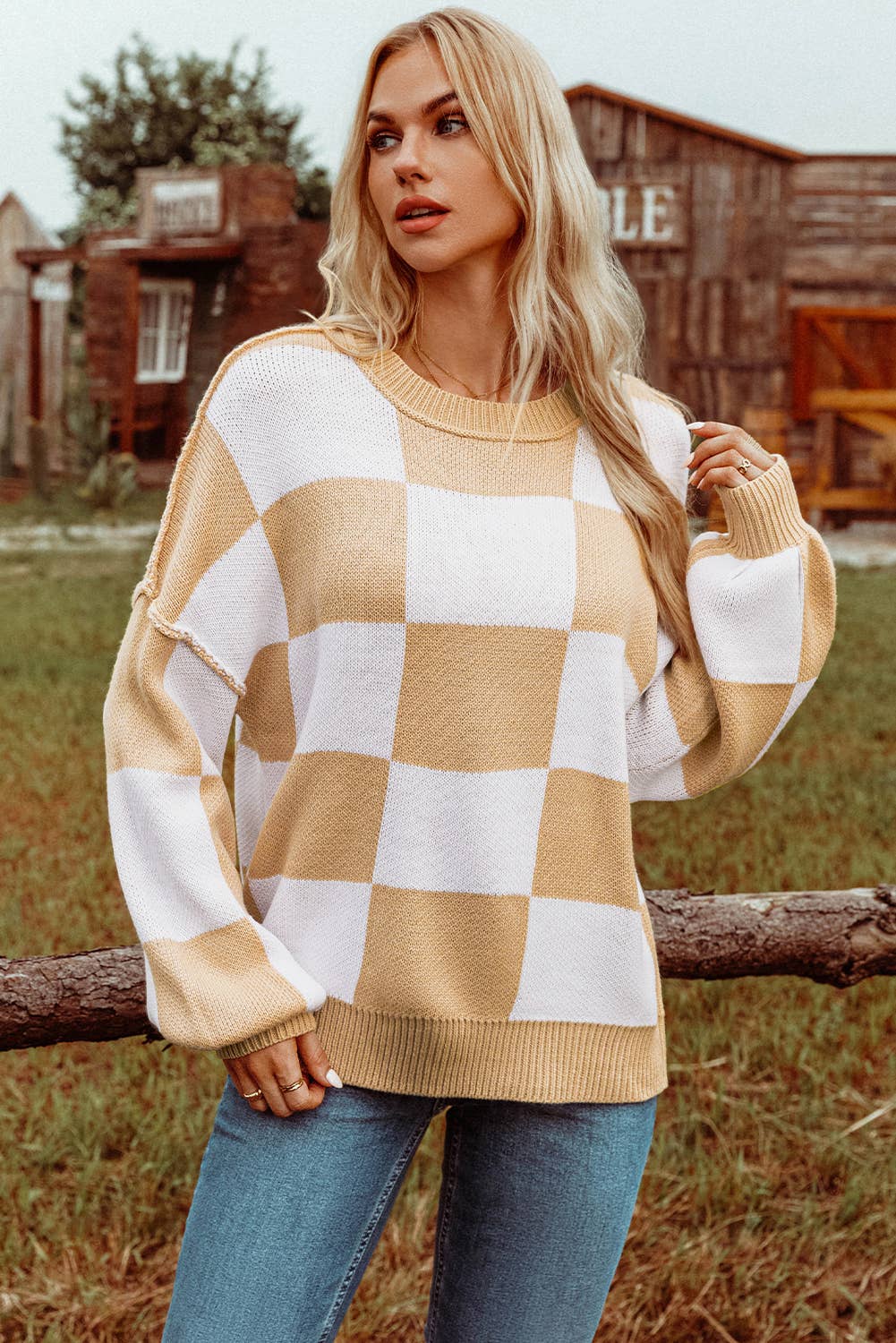 Checkered Bishop Sleeve Sweater