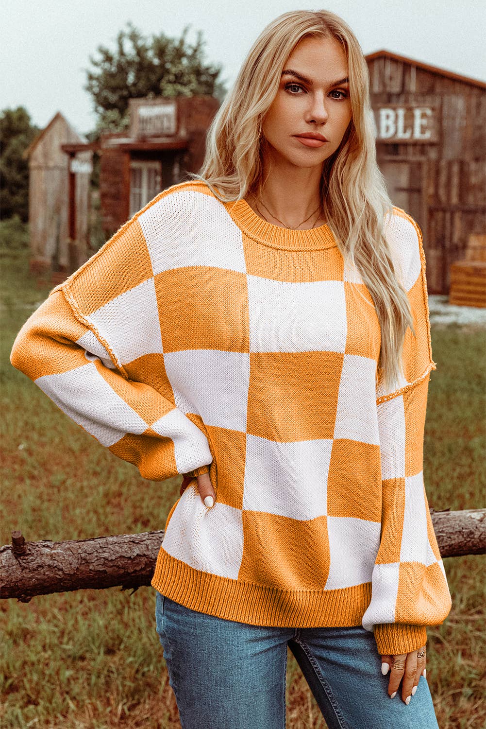 Checkered Bishop Sleeve Sweater