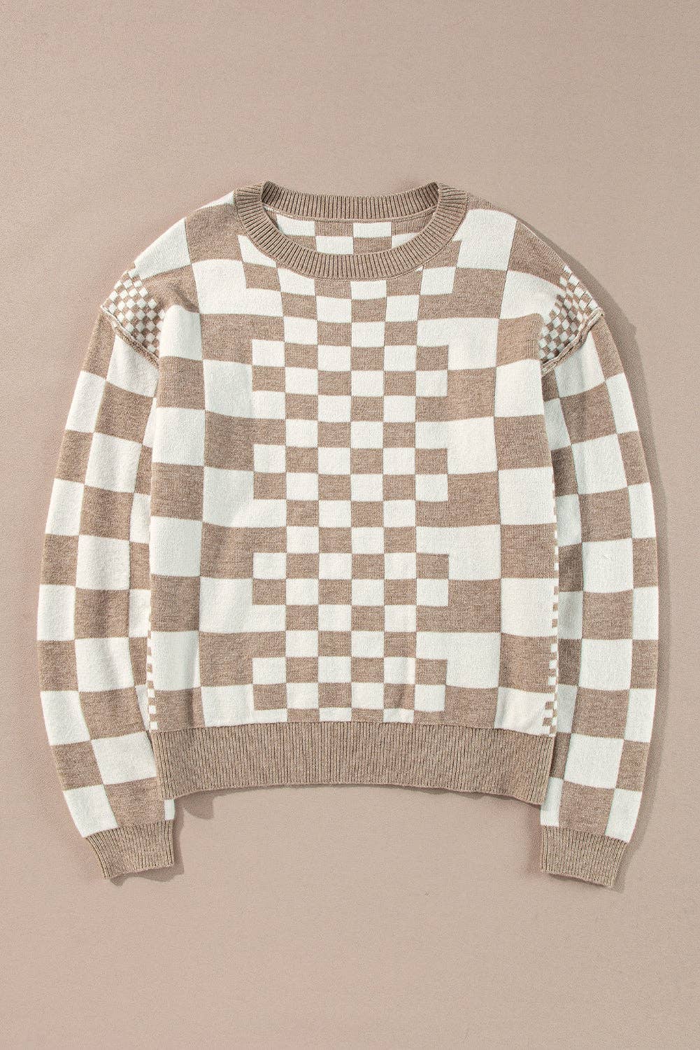 Drop Shoulder Sweater with Checkered Print