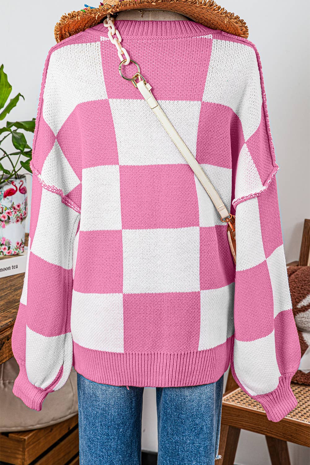Checkered Bishop Sleeve Sweater
