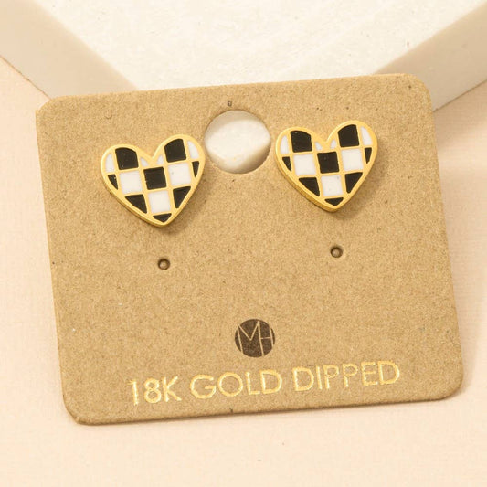 Gold Dipped Epoxy Checkered Heart Stud Earrings
