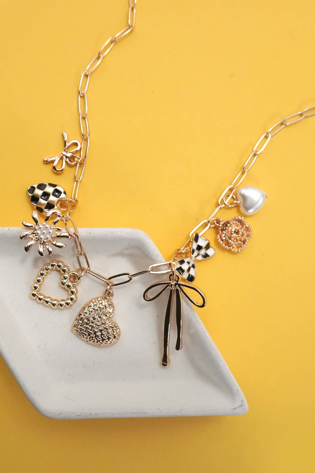 CHECKERED BOW CHARM NECKLACE