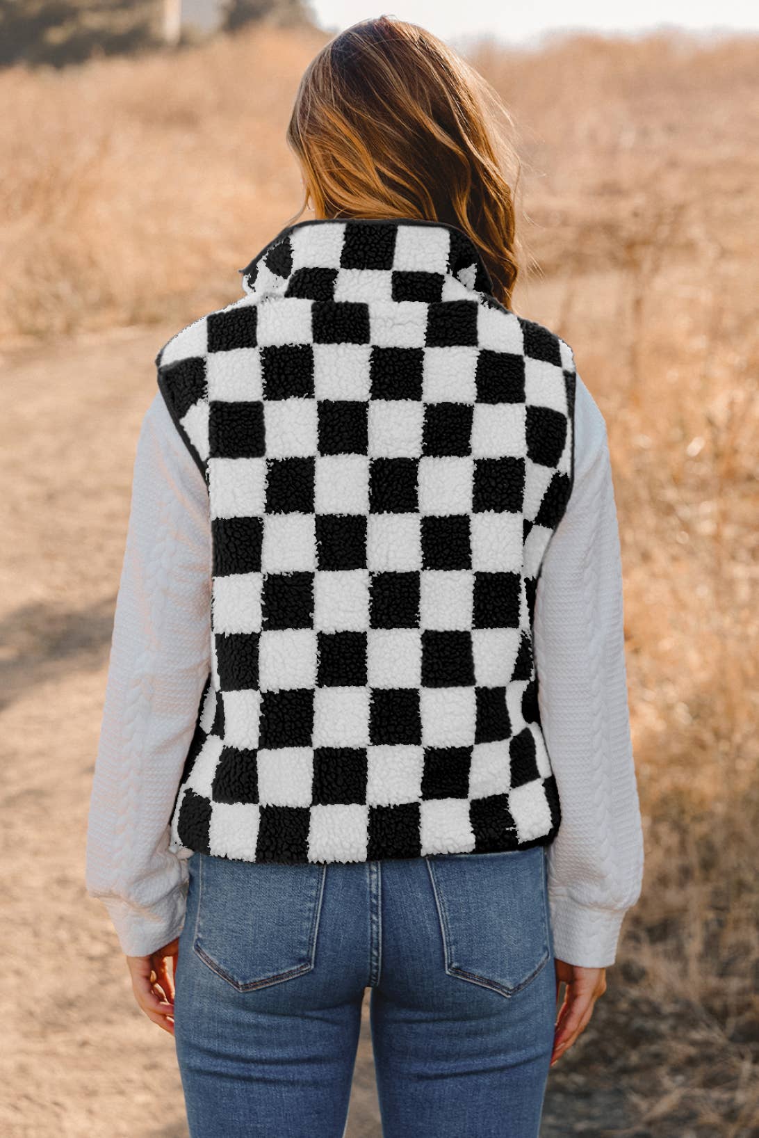 Checkered Sherpa Collared Vest