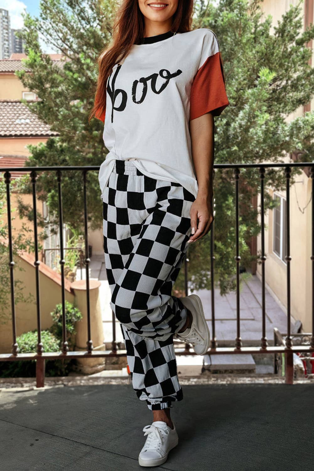 Checkerboard Elastic Waist Pocketed Joggers