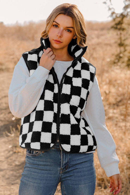 Checkered Sherpa Collared Vest