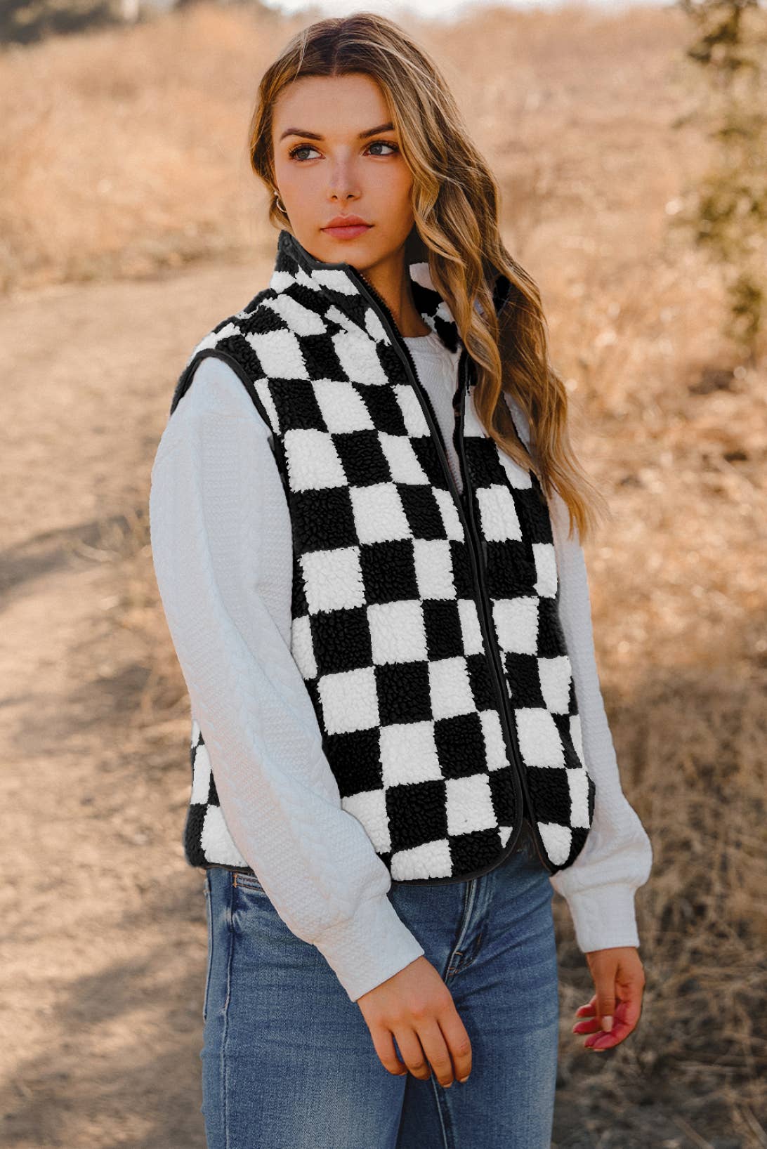 Checkered Sherpa Collared Vest
