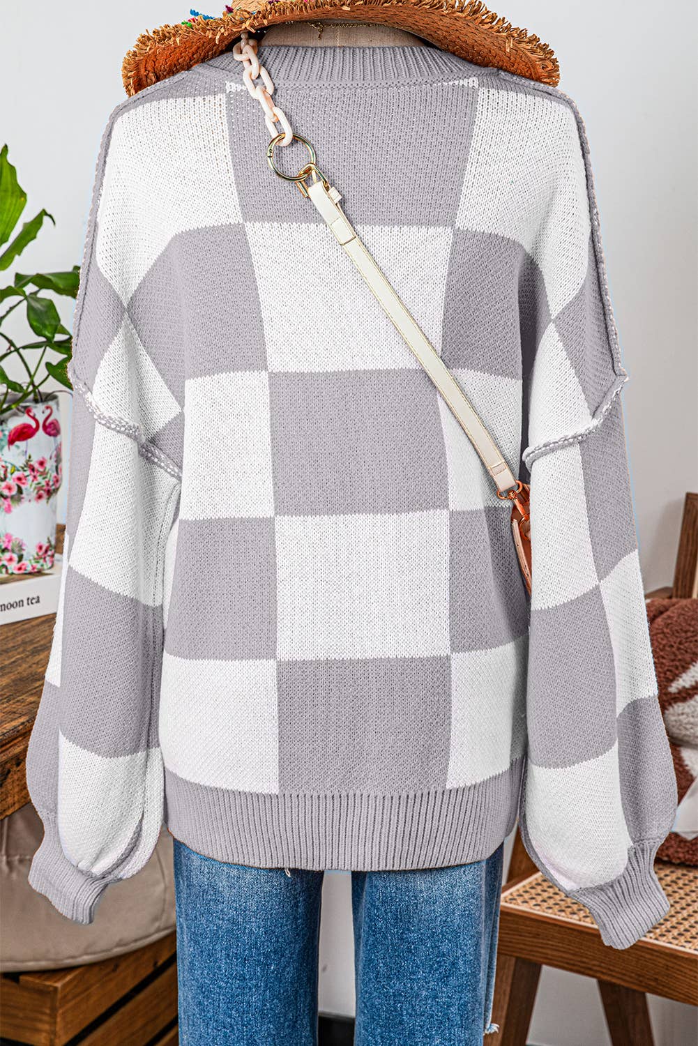 Checkered Bishop Sleeve Sweater