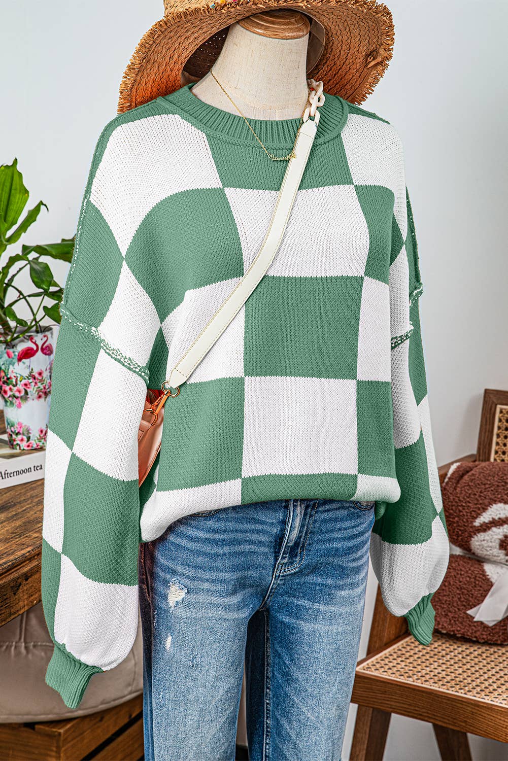 Checkered Bishop Sleeve Sweater