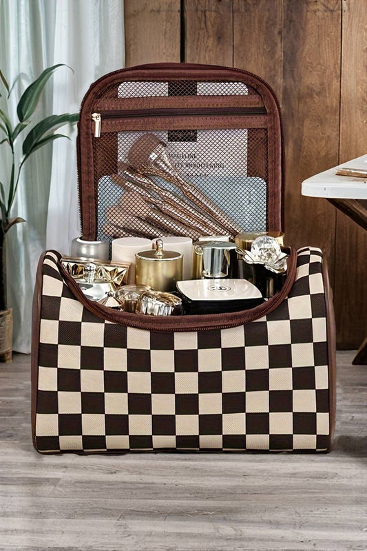 Checkered PU Leather Zipper Makeup Bag