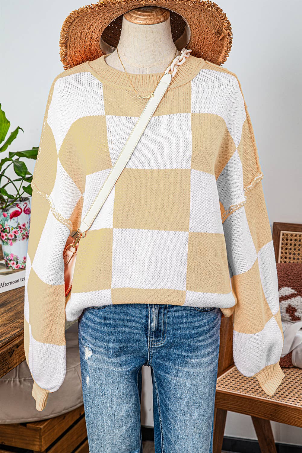 Checkered Bishop Sleeve Sweater