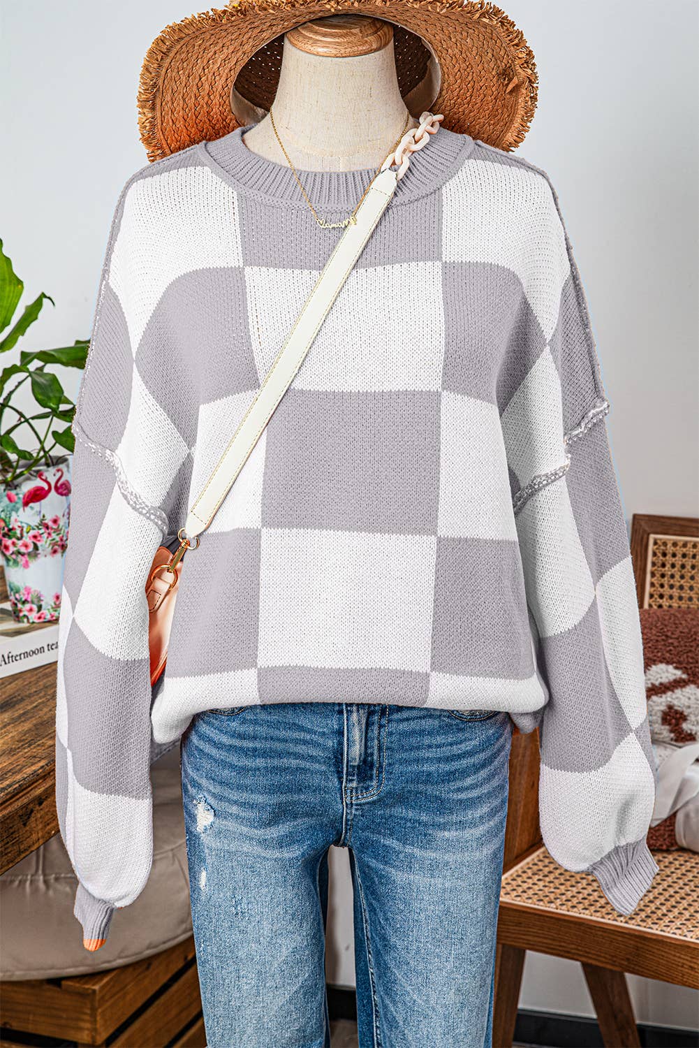 Checkered Bishop Sleeve Sweater