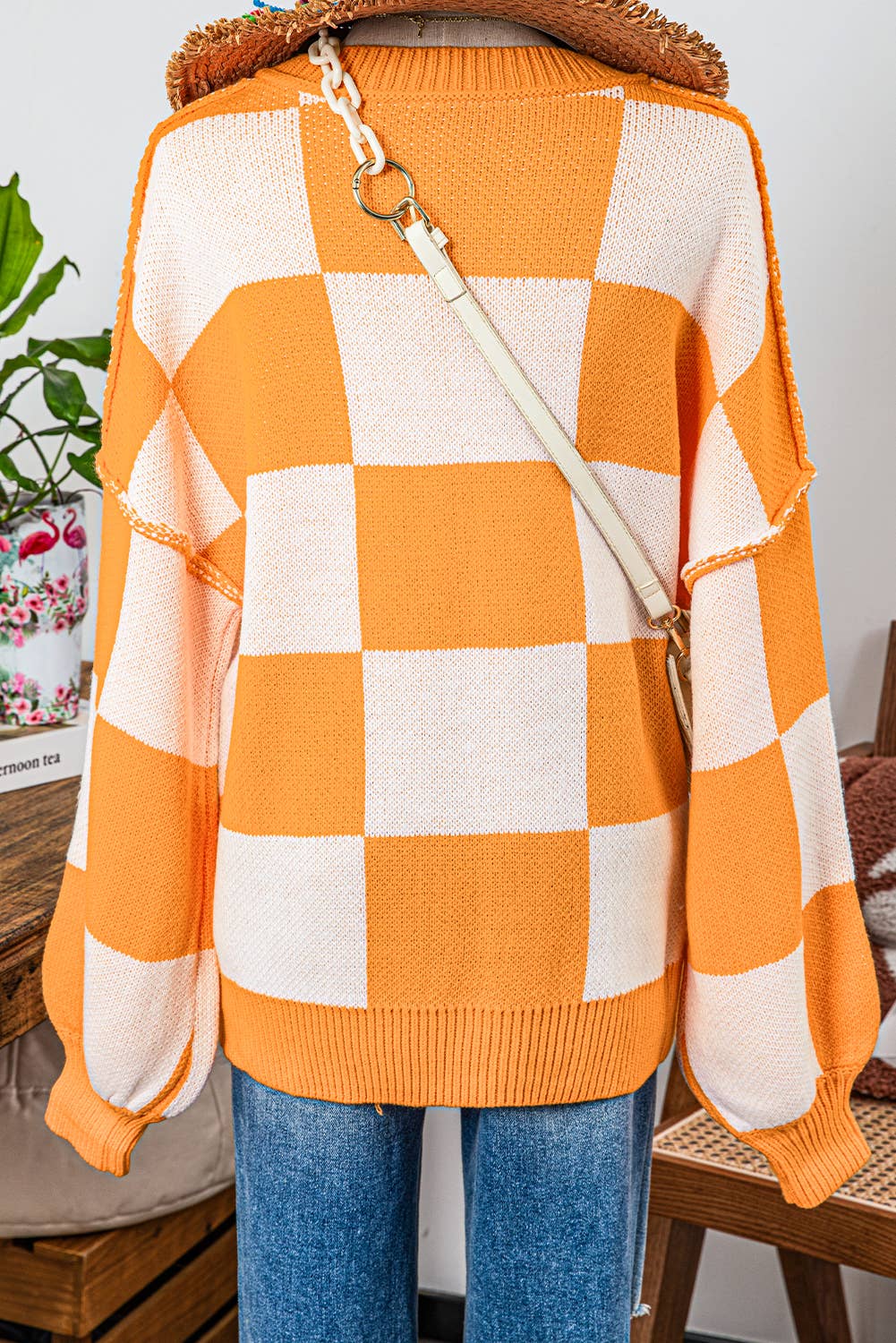 Checkered Bishop Sleeve Sweater