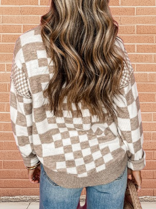 Drop Shoulder Sweater with Checkered Print