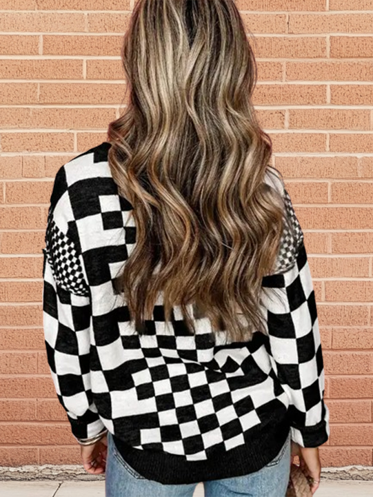 Drop Shoulder Sweater with Checkered Print