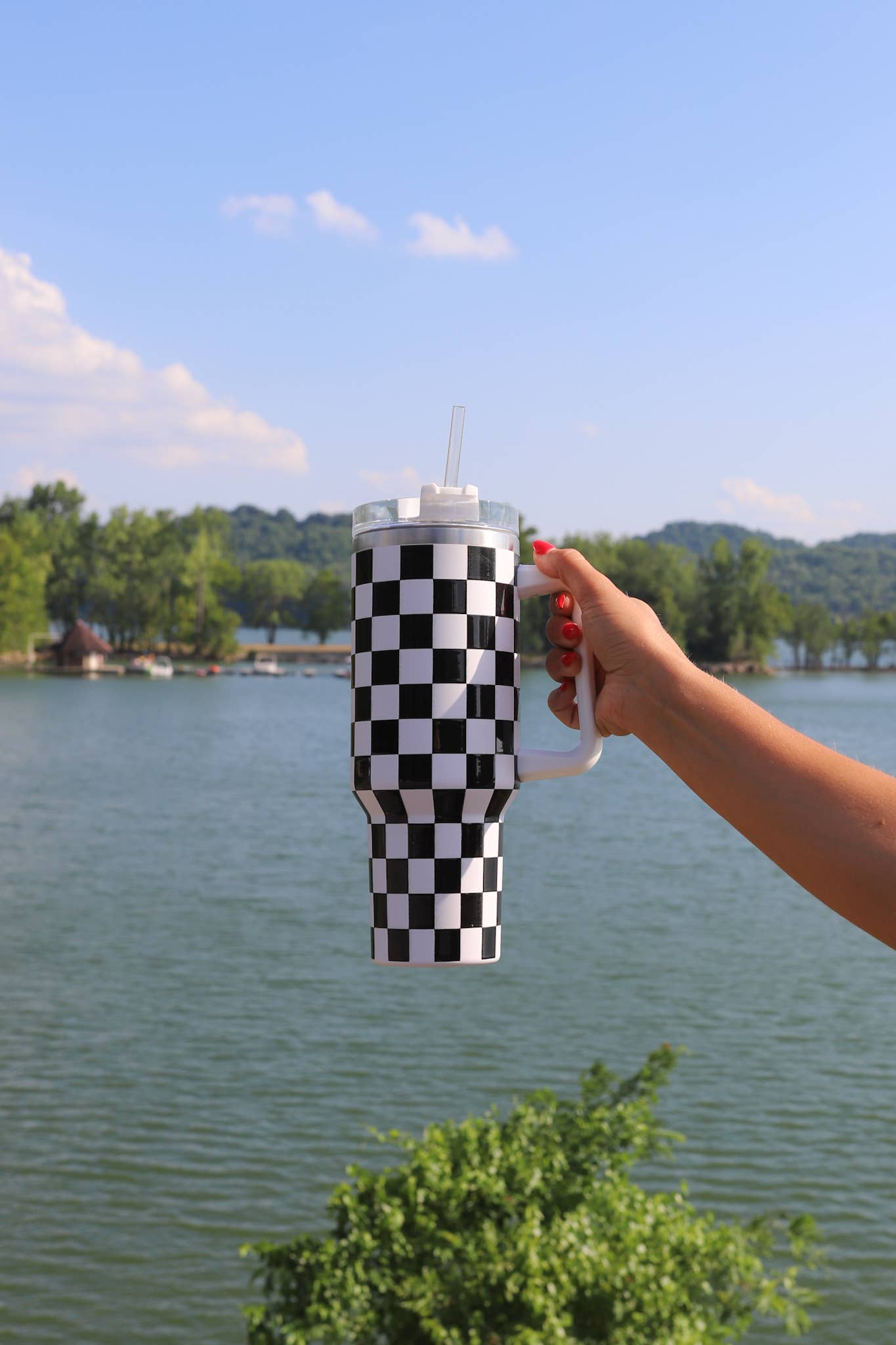 Checkerboard White and Black Tumbler with Handle
