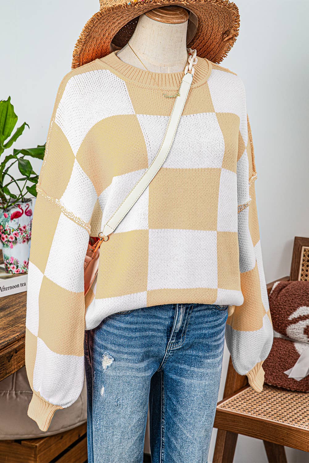 Checkered Bishop Sleeve Sweater