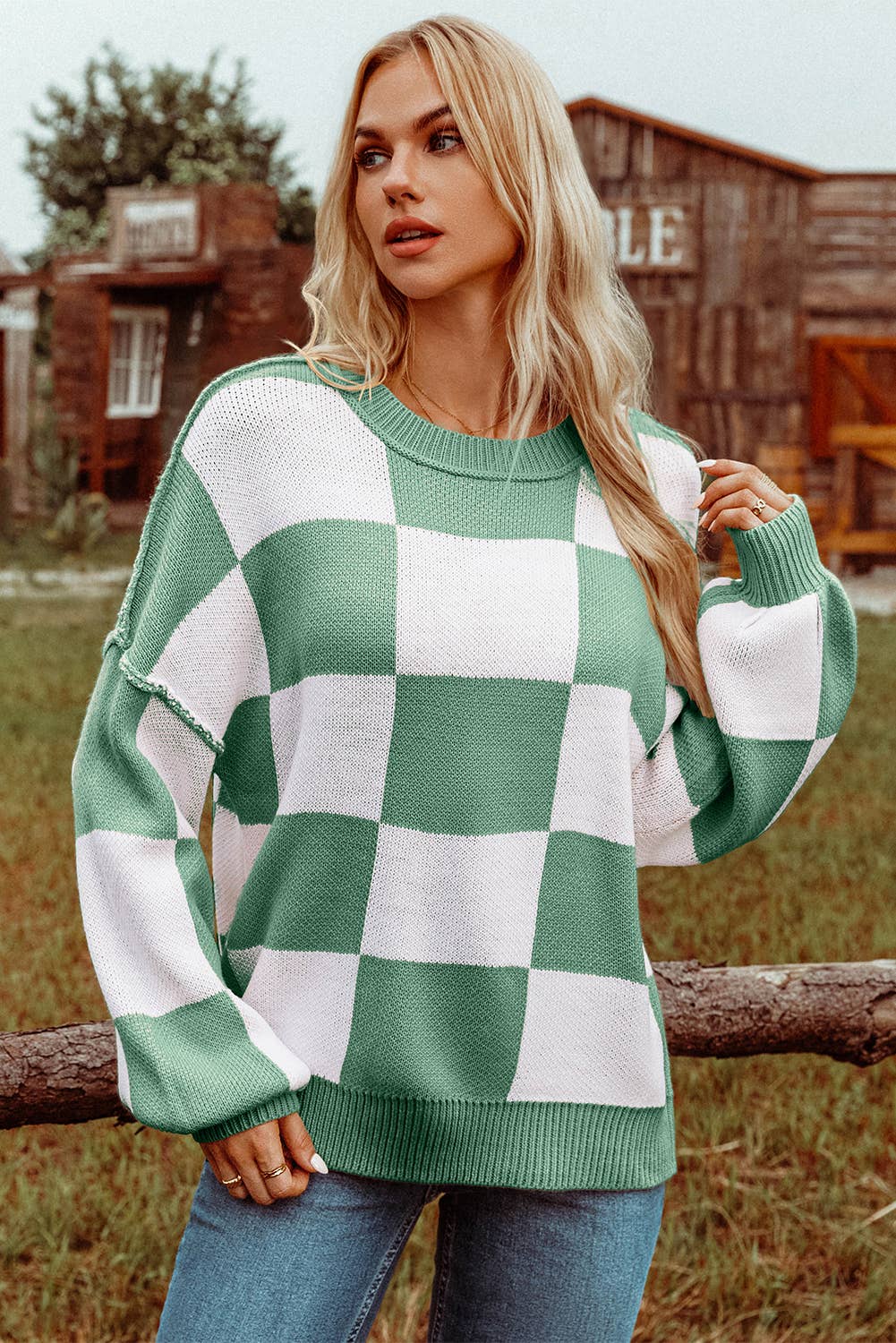 Checkered Bishop Sleeve Sweater