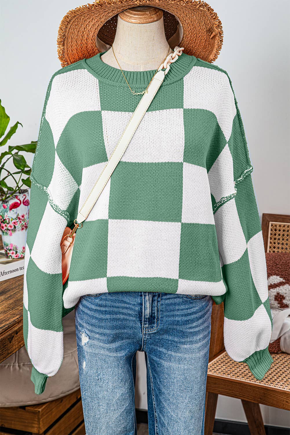 Checkered Bishop Sleeve Sweater