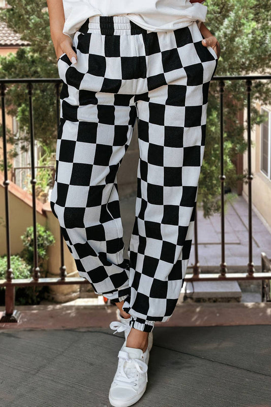 Checkerboard Elastic Waist Pocketed Joggers